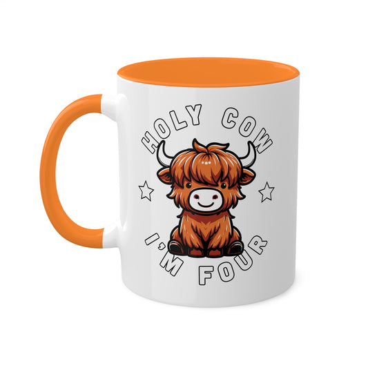 Holy Cow I'm Four - Cute Highland Cow - 11oz Colorful Mug