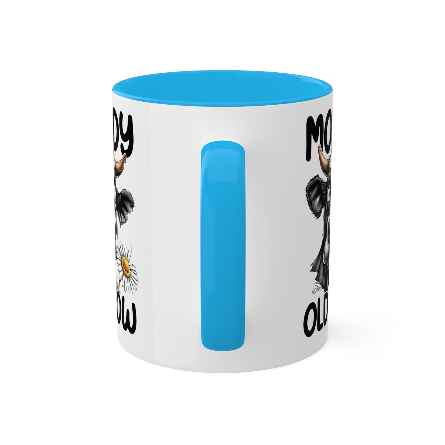 Taza de café divertida y colorida de 11 oz con la frase "Moody Old Cow"