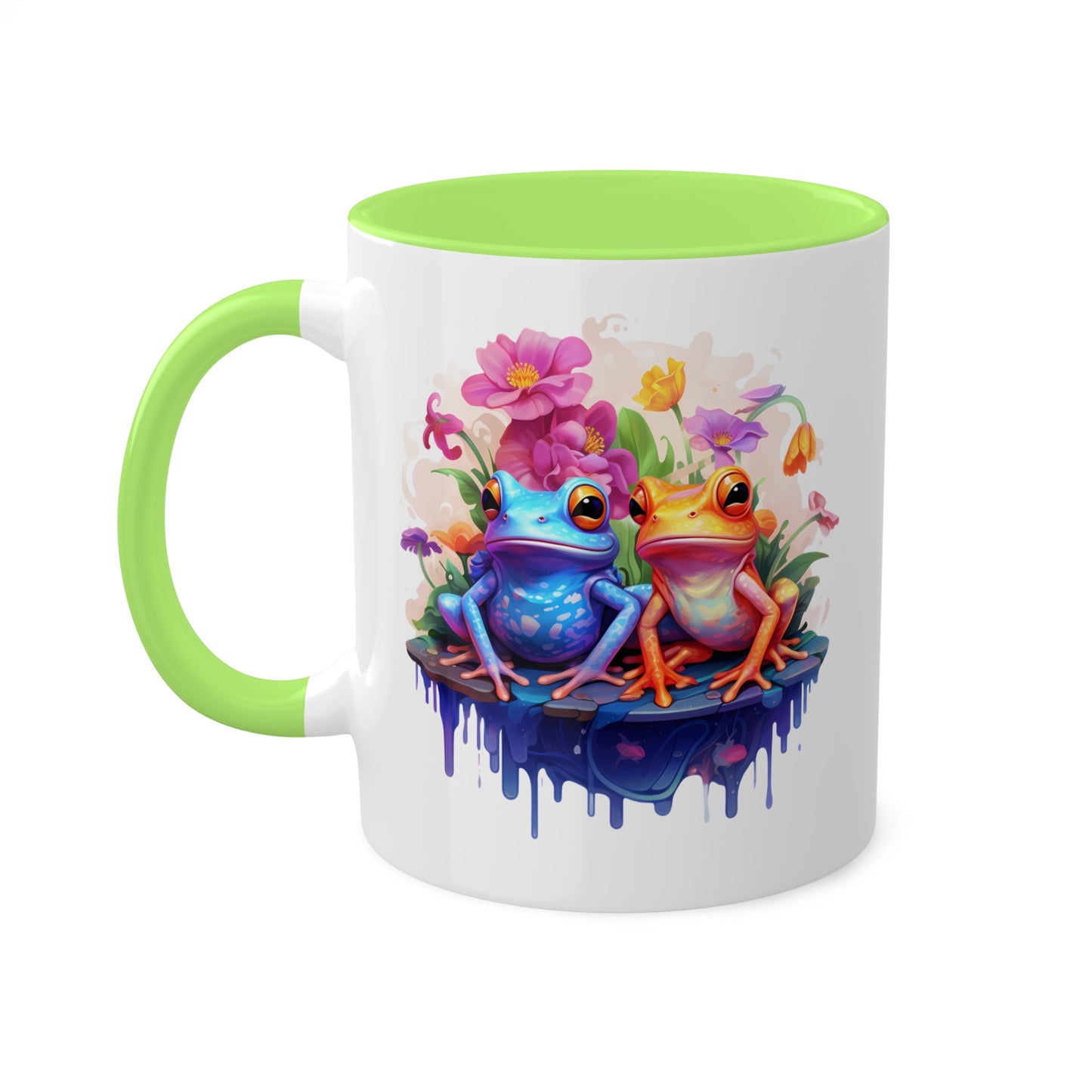 Cute Little Frogs Sitting With Pretty Flowers - 11oz Colorful & Fun Mug