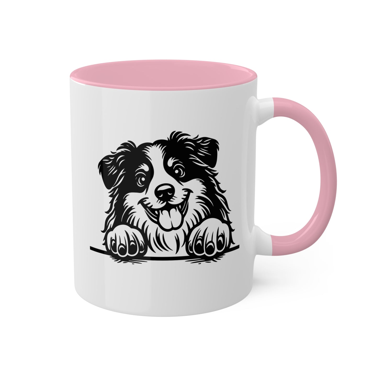 Taza de café colorida de 11 oz con cara de perro pastor americano en miniatura