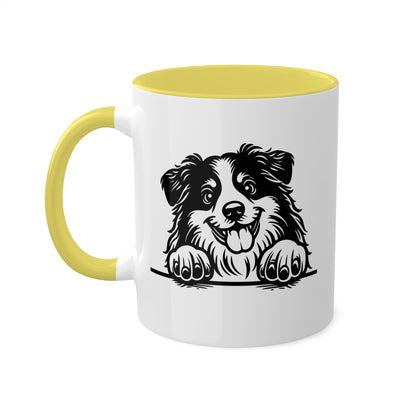 Taza de café colorida de 11 oz con cara de perro pastor americano en miniatura