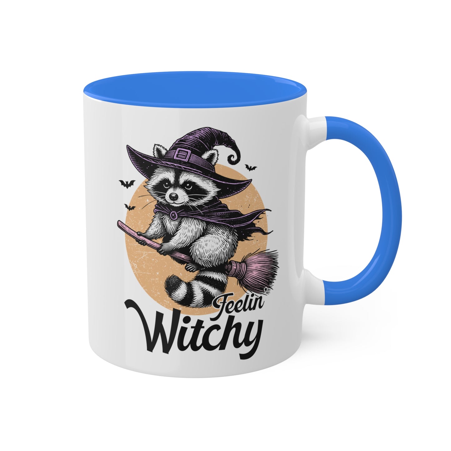 Siéntete como una bruja con un adorable mapache: taza colorida de Halloween de 11 oz