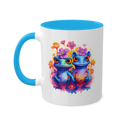 Two Cute Blue Little Frogs With Flowers - 11 oz Colorful Coffee Mug