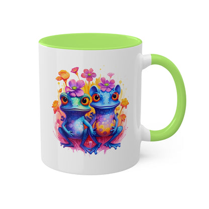 Two Cute Blue Little Frogs With Flowers - 11 oz Colorful Coffee Mug