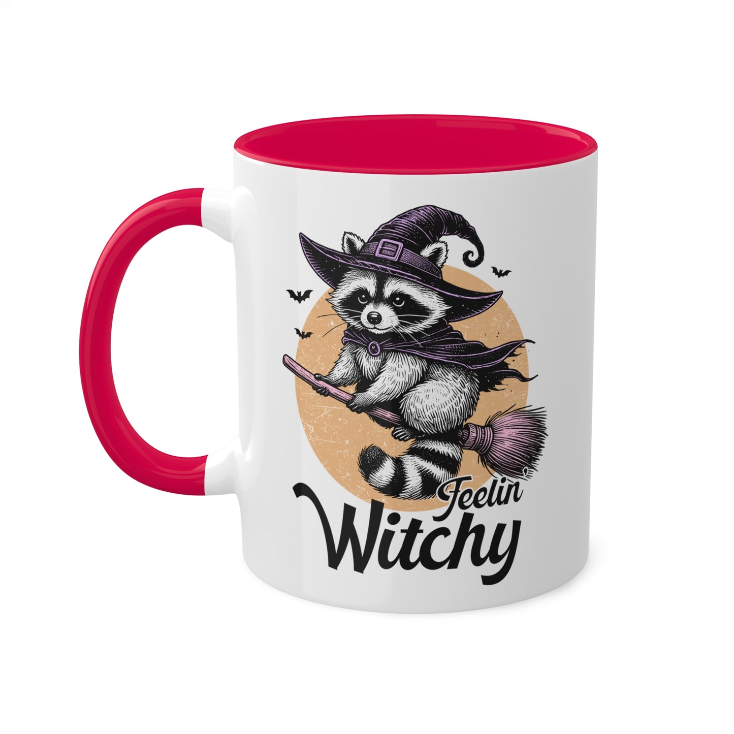 Siéntete como una bruja con un adorable mapache: taza colorida de Halloween de 11 oz