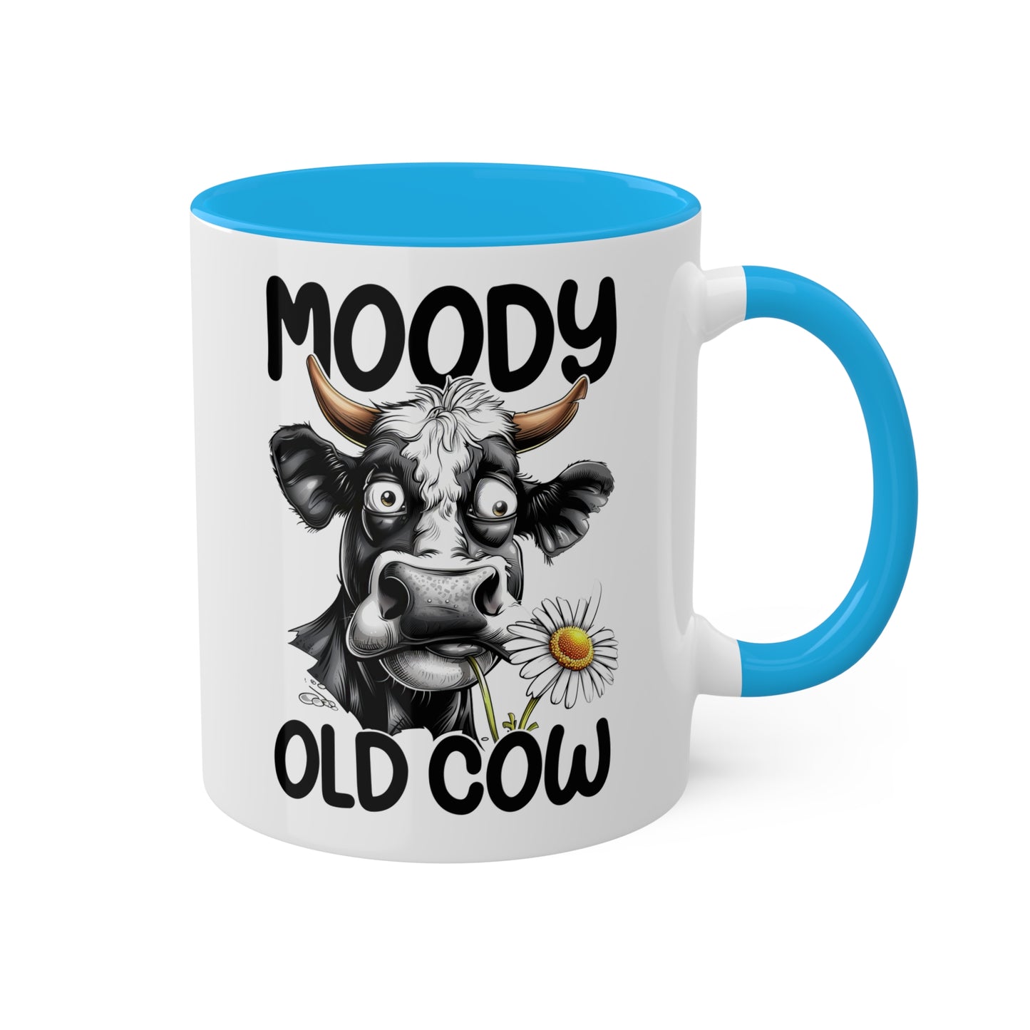 Taza de café divertida y colorida de 11 oz con la frase "Moody Old Cow"