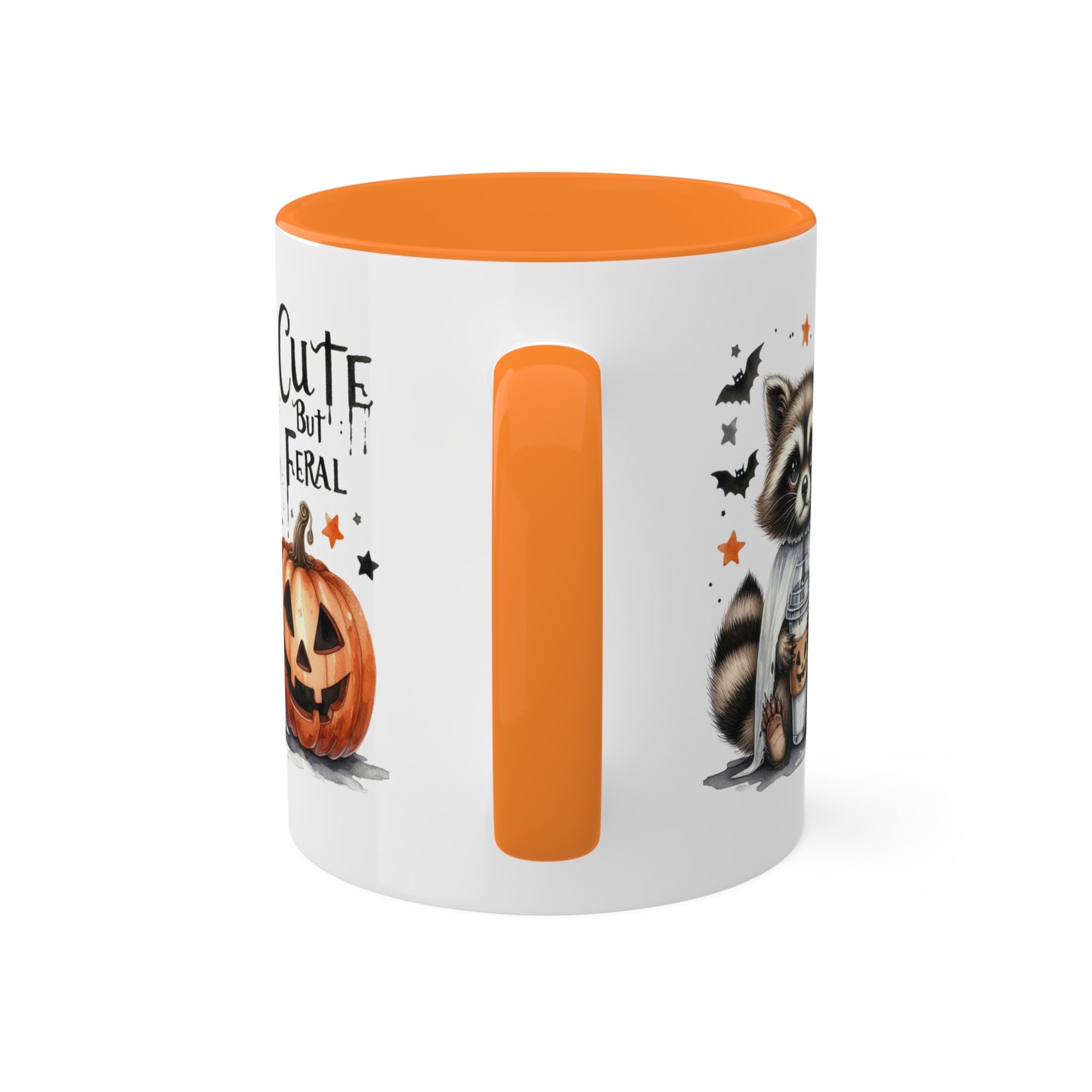 Cute But Feral - Adorable Raccoon with Latte And Pumpkin - 11oz Colorful Halloween Mug