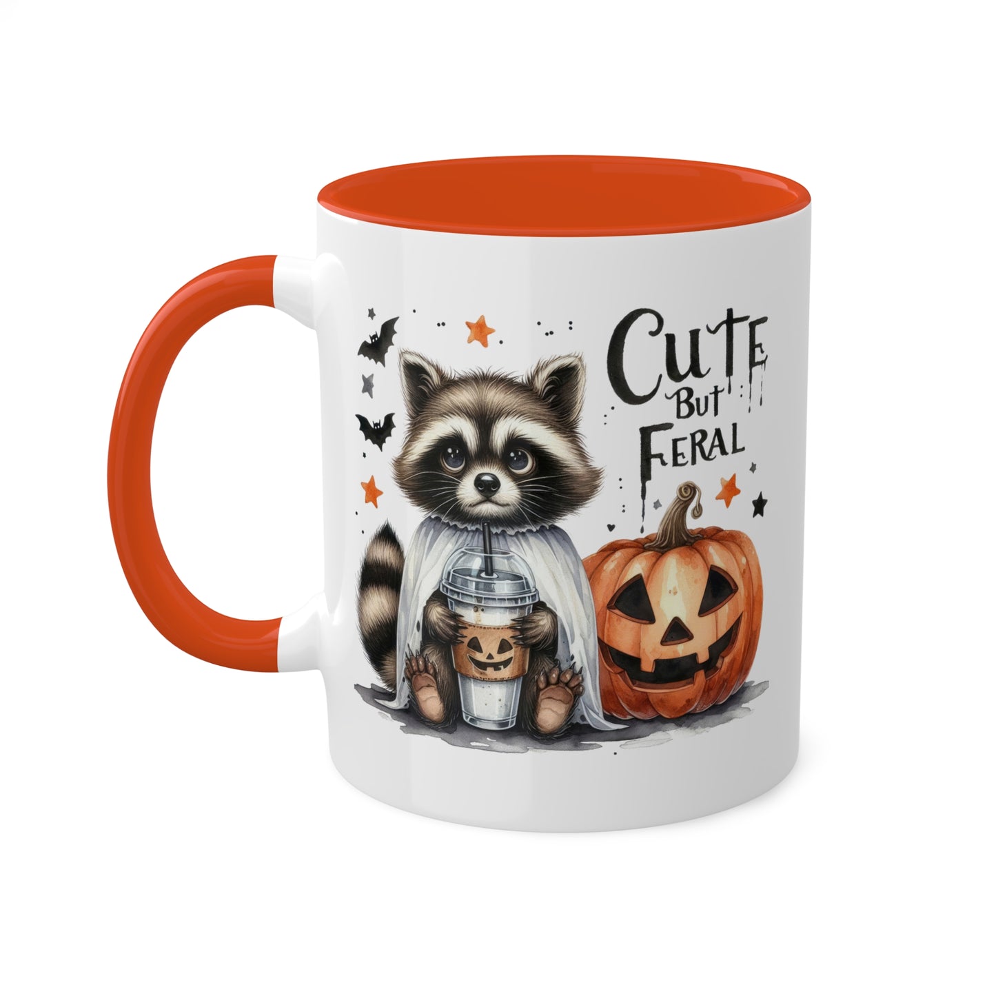 Cute But Feral - Adorable Raccoon with Latte And Pumpkin - 11oz Colorful Halloween Mug