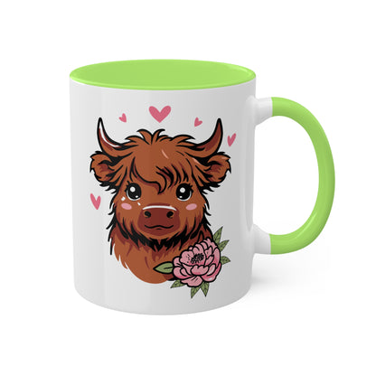 Cute Highland Cow With Flower and Pink Hearts - 11oz Colorful Mug