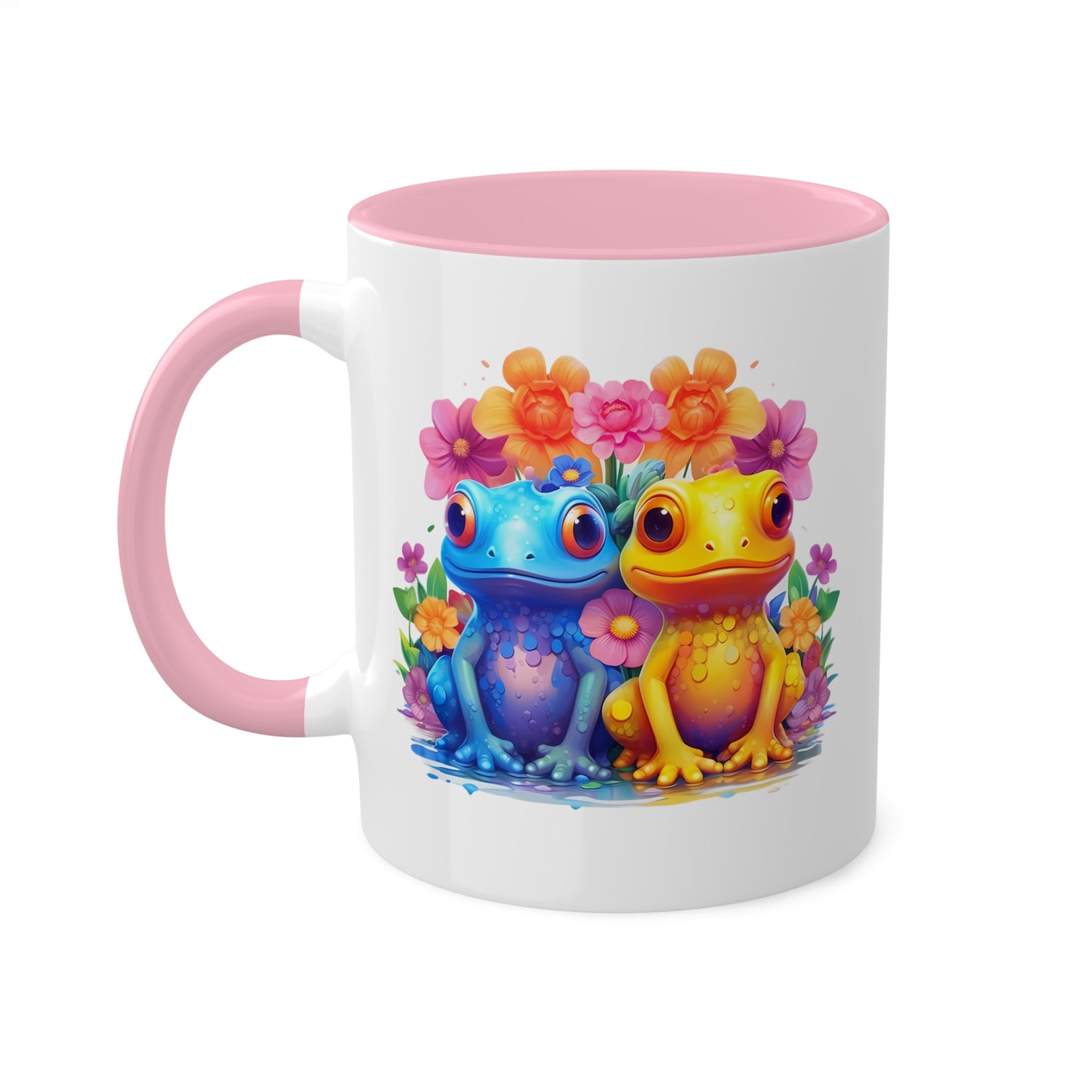 Dos adorables ranitas sentadas en un jardín - Taza de café colorida de 11 oz