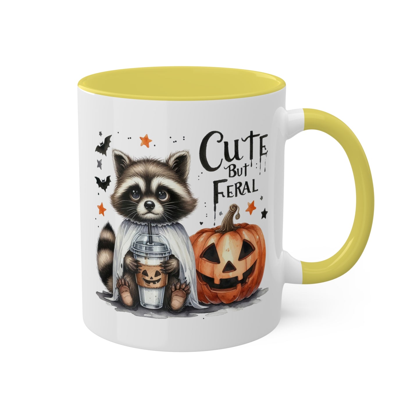 Cute But Feral - Adorable Raccoon with Latte And Pumpkin - 11oz Colorful Halloween Mug