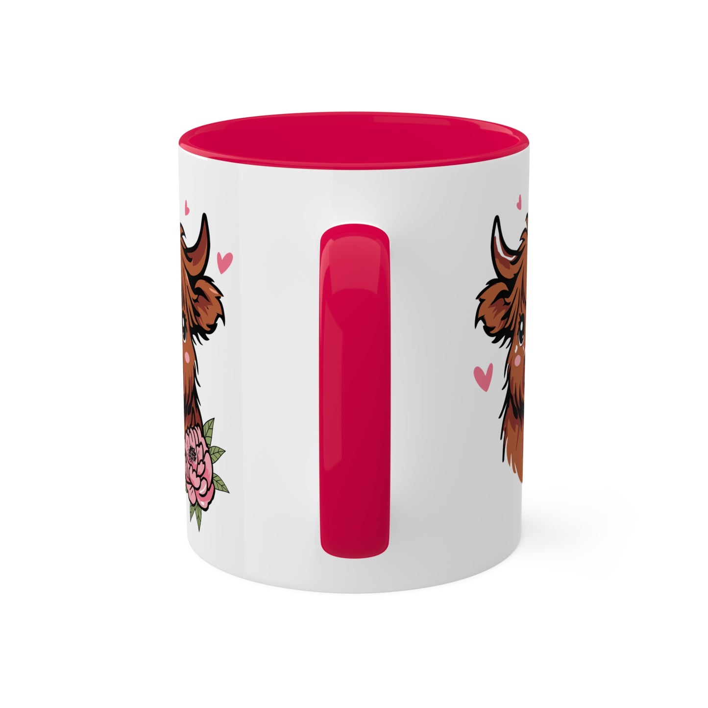 Cute Highland Cow With Flower and Pink Hearts - 11oz Colorful Mug