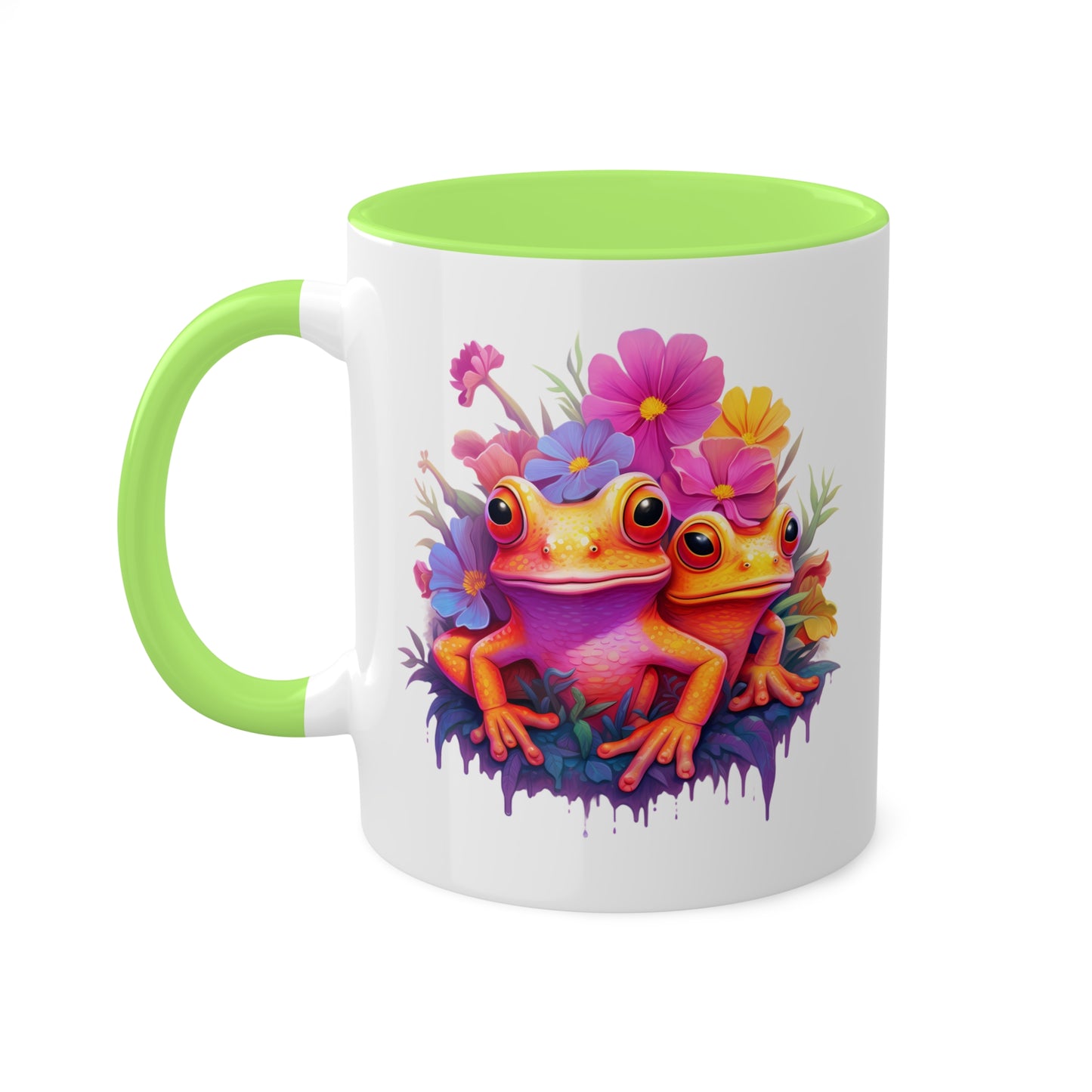 Two Cute Orange Frogs With Flowers - 11 oz Colorful Coffee Mug