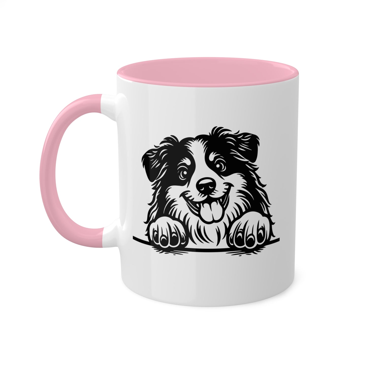 Taza de café colorida de 11 oz con cara de perro pastor americano en miniatura