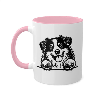 Taza de café colorida de 11 oz con cara de perro pastor americano en miniatura