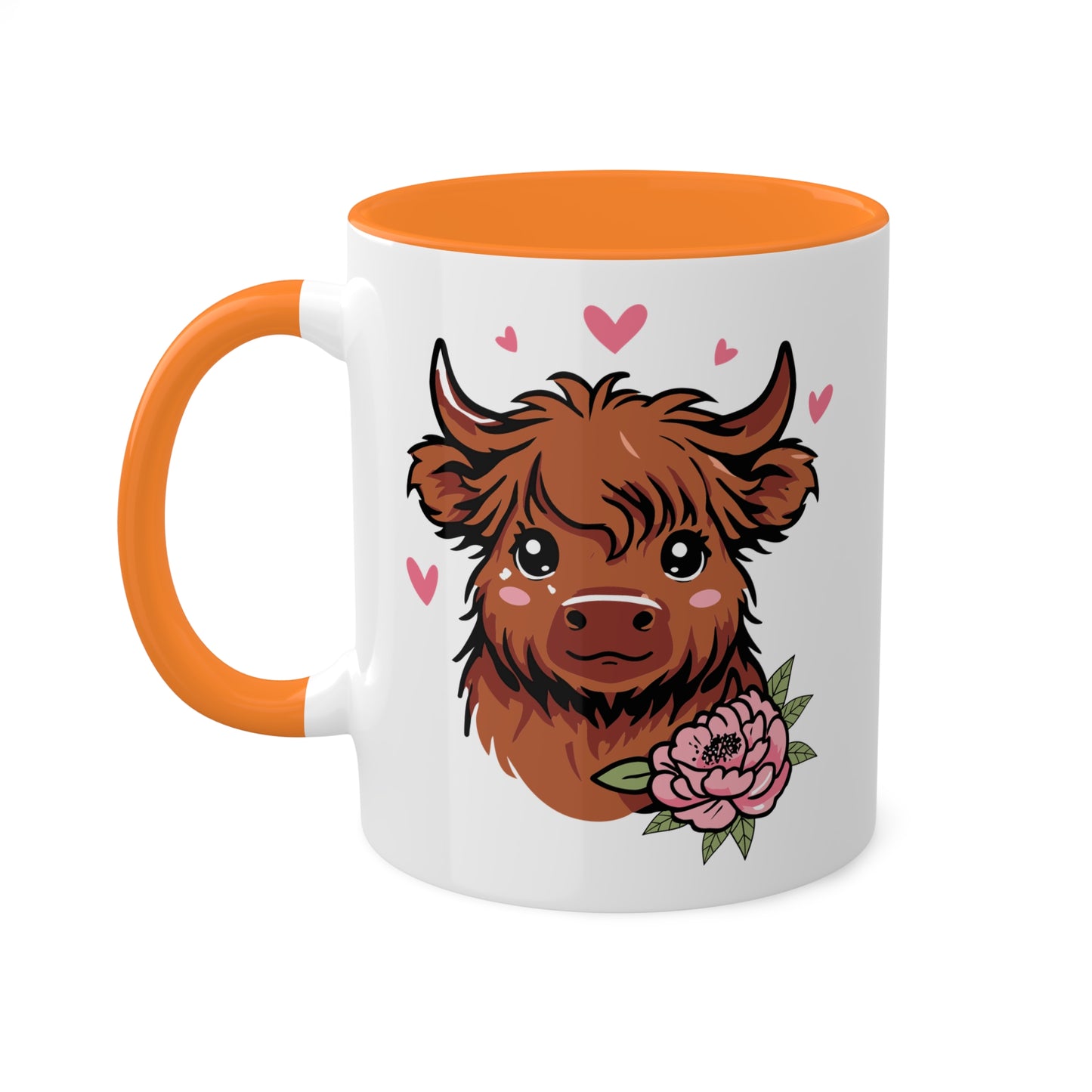 Cute Highland Cow With Flower and Pink Hearts - 11oz Colorful Mug