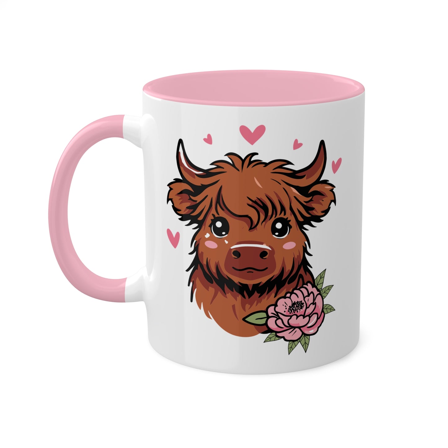 Cute Highland Cow With Flower and Pink Hearts - 11oz Colorful Mug