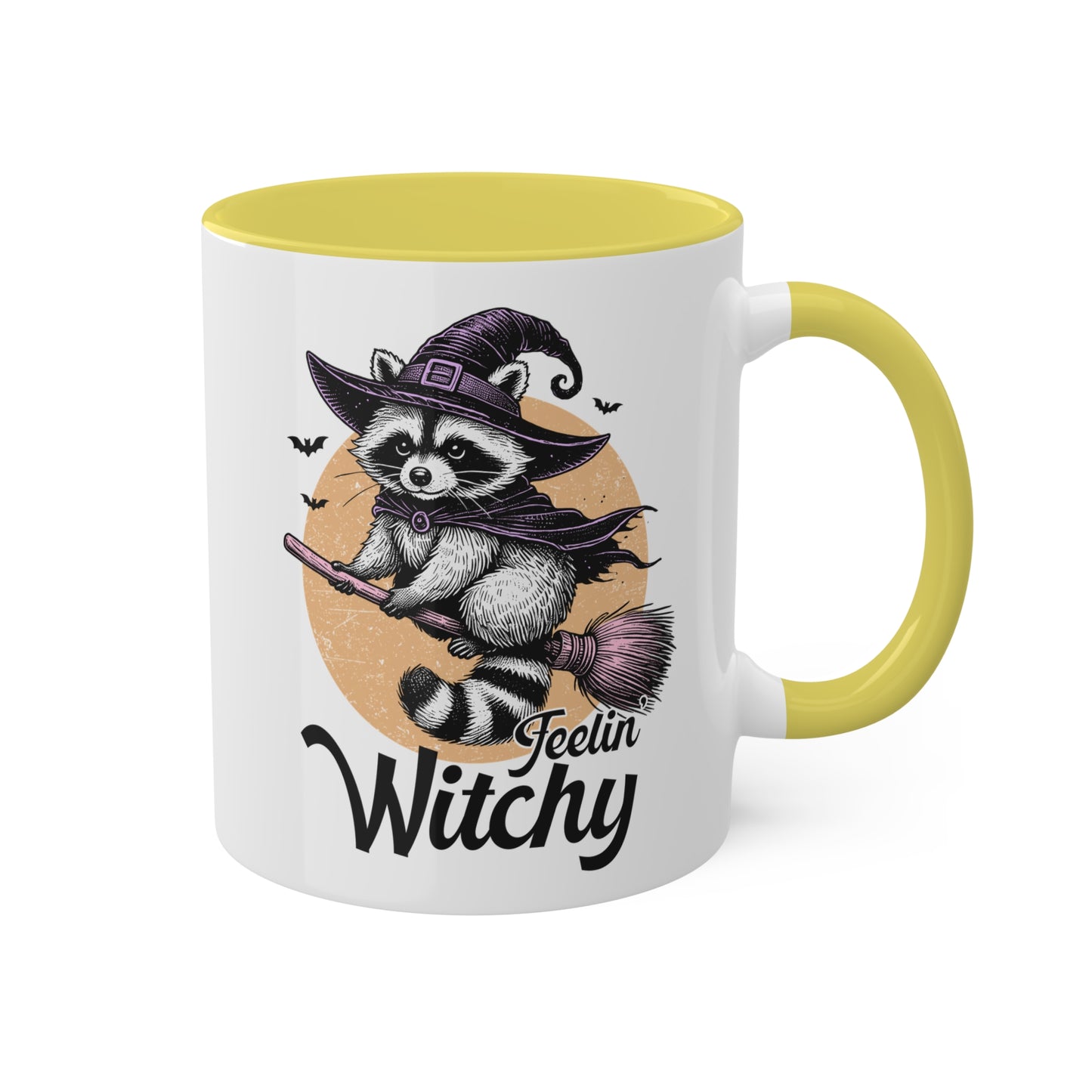 Siéntete como una bruja con un adorable mapache: taza colorida de Halloween de 11 oz