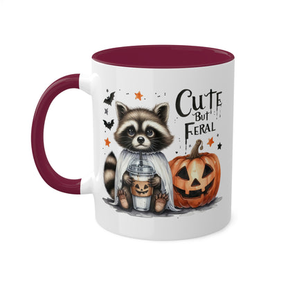 Cute But Feral - Adorable Raccoon with Latte And Pumpkin - 11oz Colorful Halloween Mug