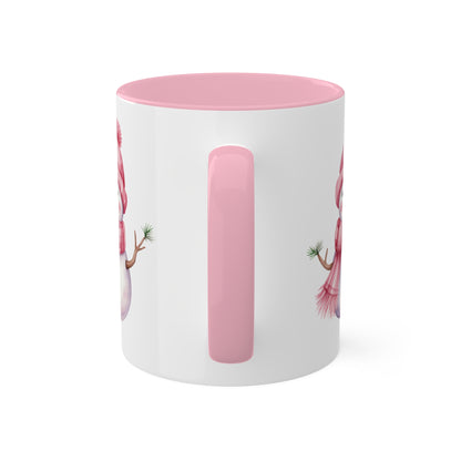 Lindo muñeco de nieve navideño rosa - Taza de regalo navideña de 11 oz