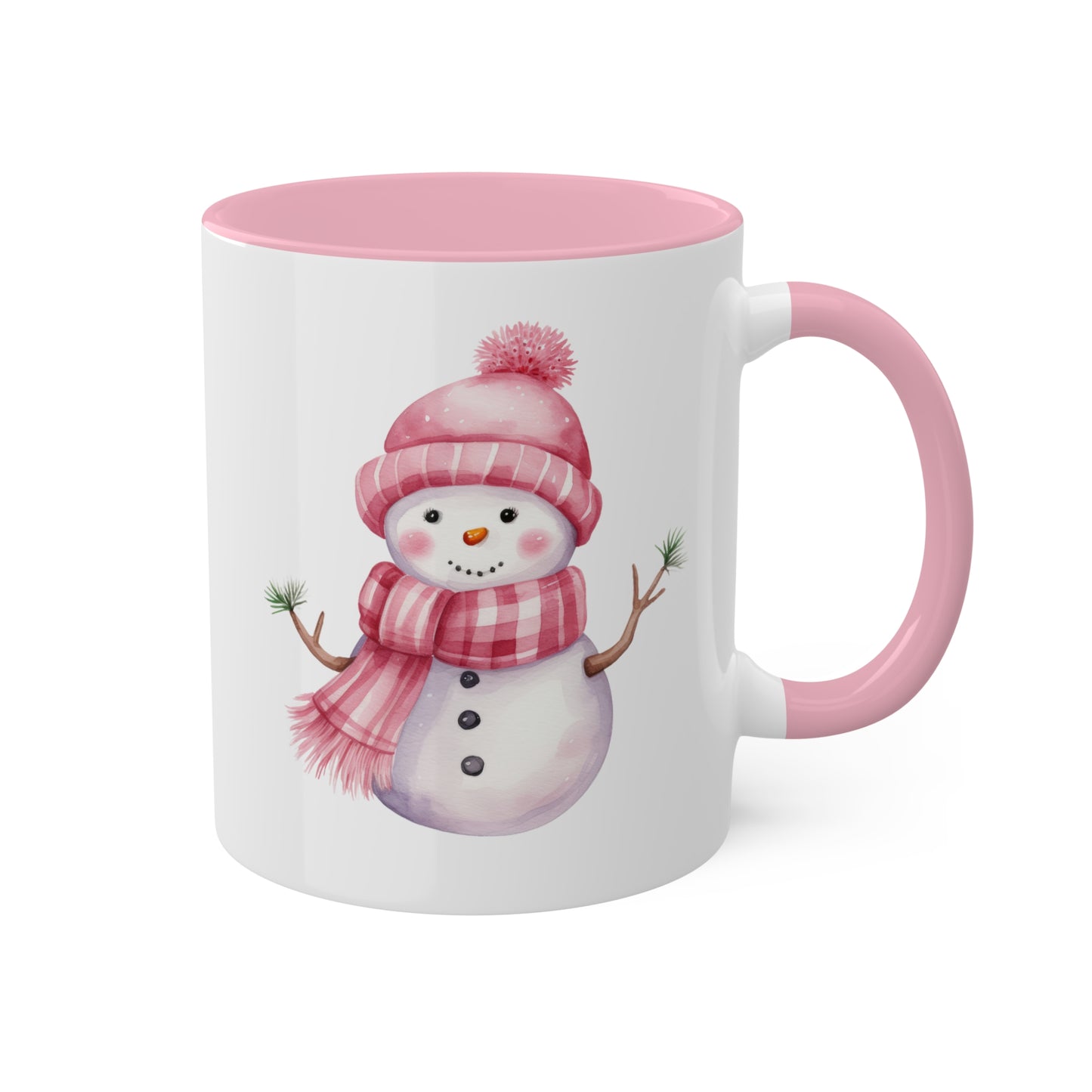 Lindo muñeco de nieve navideño rosa - Taza de regalo navideña de 11 oz