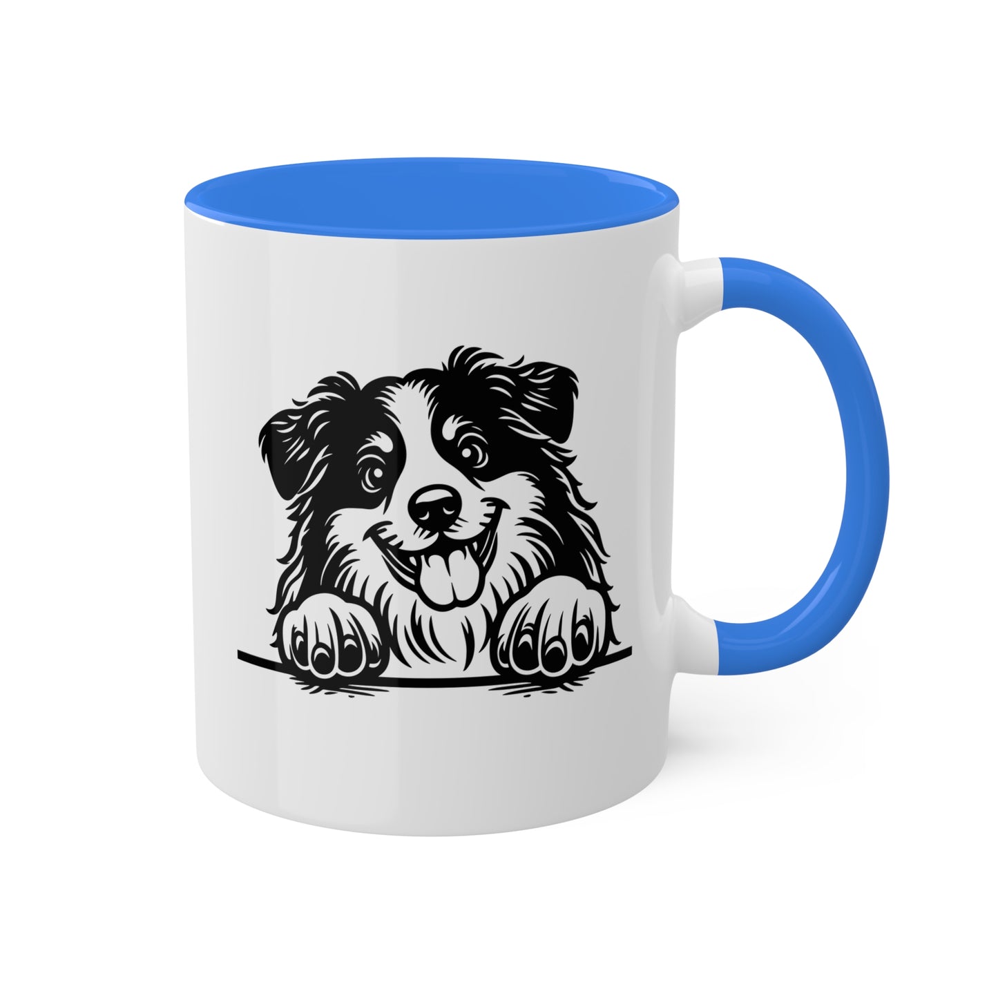 Taza de café colorida de 11 oz con cara de perro pastor americano en miniatura