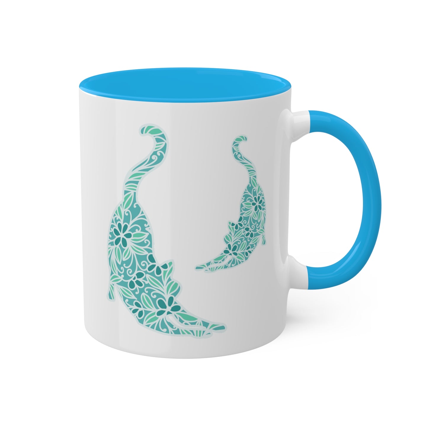 Cute Blue Green Cat With Flowers - 11oz Colorful Mug