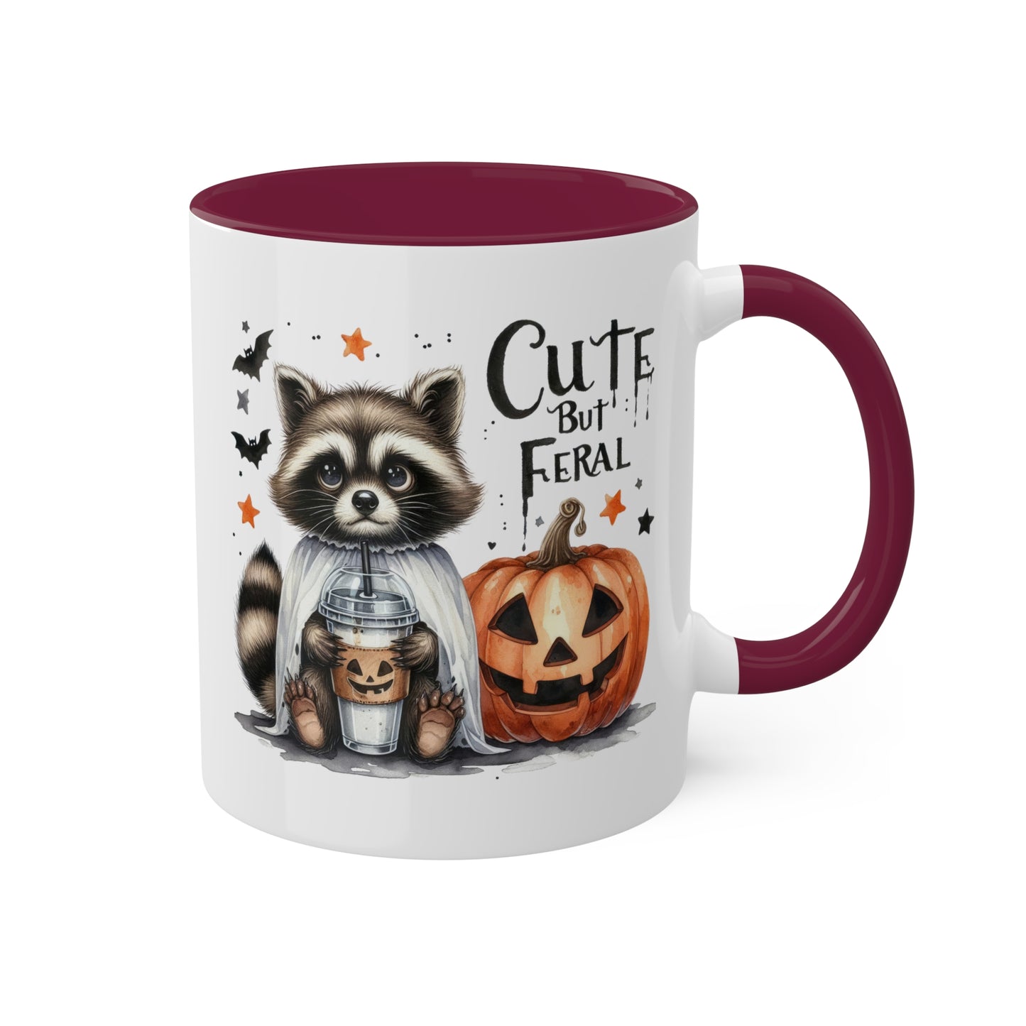 Cute But Feral - Adorable Raccoon with Latte And Pumpkin - 11oz Colorful Halloween Mug