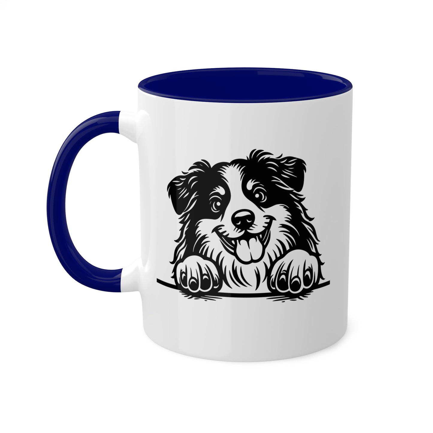 Taza de café colorida de 11 oz con cara de perro pastor americano en miniatura