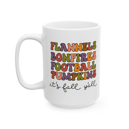 FLANNELS BONEFIRES FÚTBOL CALABAZAS Es otoño, amigos - Taza de café de Acción de Gracias (11 oz, 15 oz)