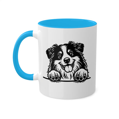 Taza de café colorida de 11 oz con cara de perro pastor americano en miniatura