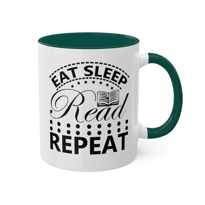 Taza divertida y colorida de 11 oz que dice "Come, duerme, lee y repite"