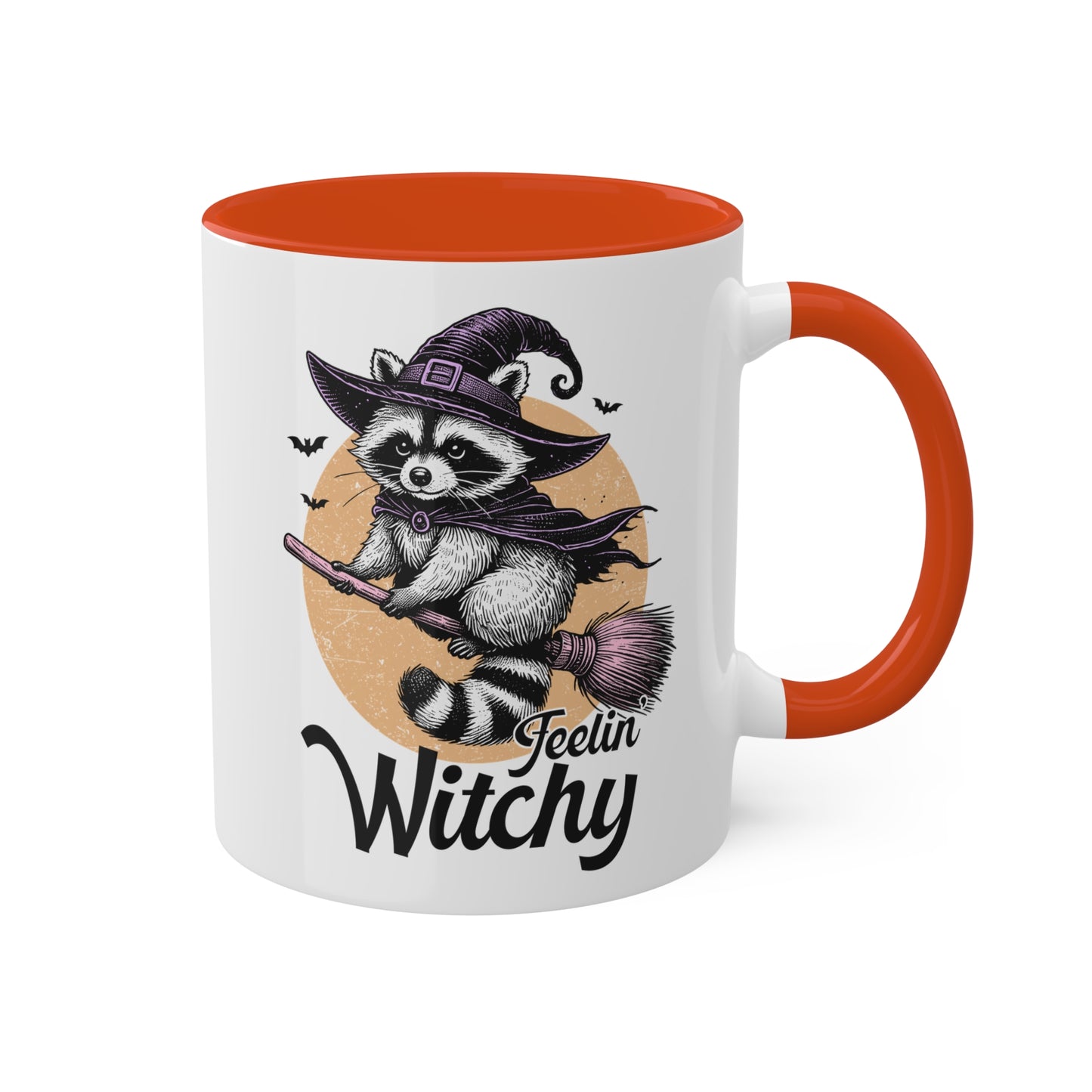 Siéntete como una bruja con un adorable mapache: taza colorida de Halloween de 11 oz