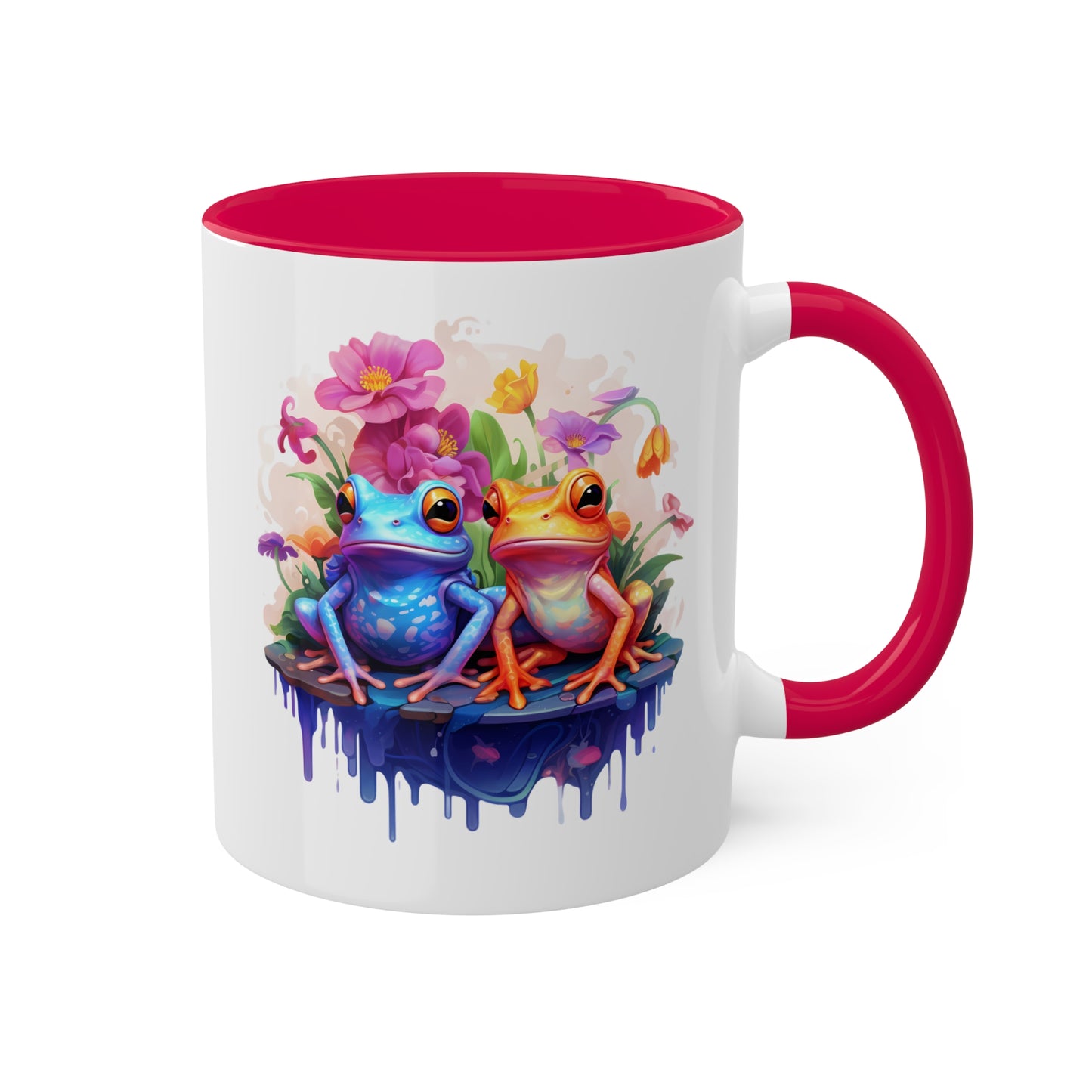 Cute Little Frogs Sitting With Pretty Flowers - 11oz Colorful & Fun Mug