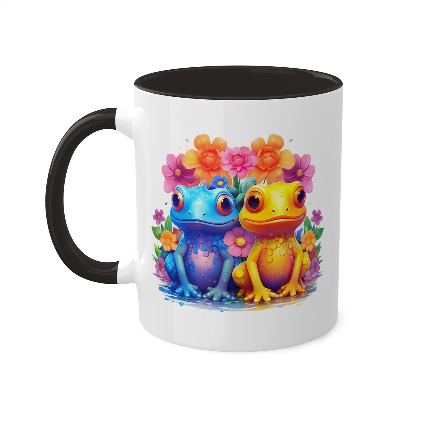 Dos adorables ranitas sentadas en un jardín - Taza de café colorida de 11 oz