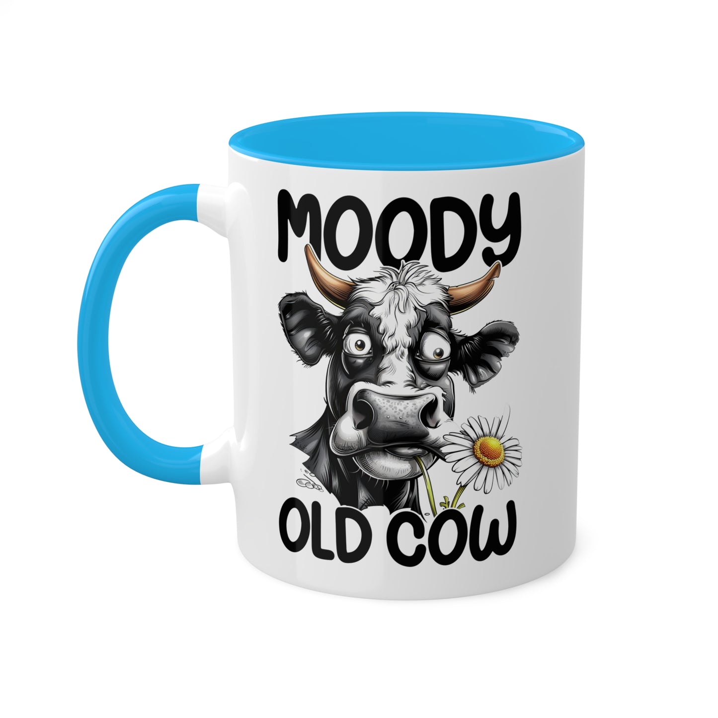 Taza de café divertida y colorida de 11 oz con la frase "Moody Old Cow"