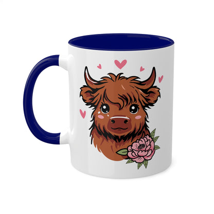 Cute Highland Cow With Flower and Pink Hearts - 11oz Colorful Mug