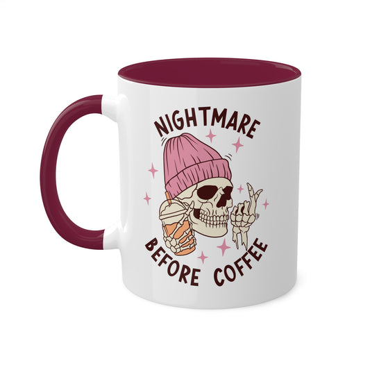 Taza de Halloween colorida de 11 oz con calavera y café con leche de Pesadilla antes del café